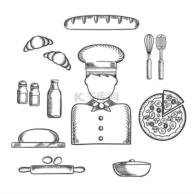 面包师职业素描图标与厨师在无边