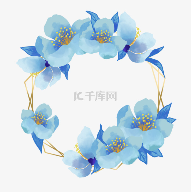 蓝色花朵多边形金边婚礼花卉边框