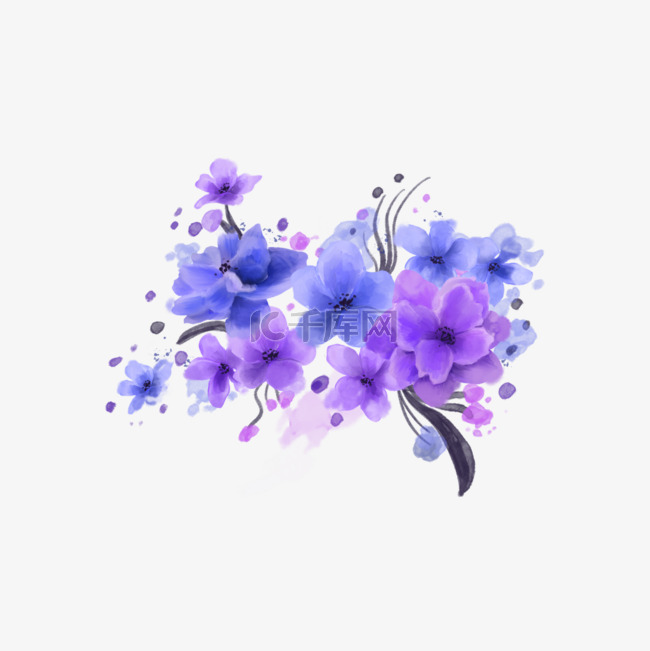 蓝紫色紫罗兰水彩花卉剪贴画