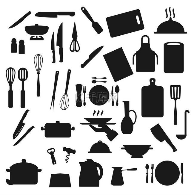 炊具、厨房餐具和厨具剪影图标。