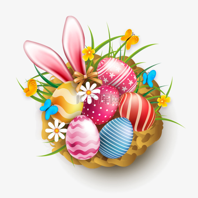 篮子里彩色质感写实复活节彩蛋兔