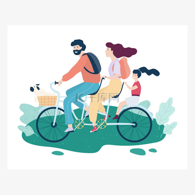 家庭骑着串联自行车。快乐的父亲