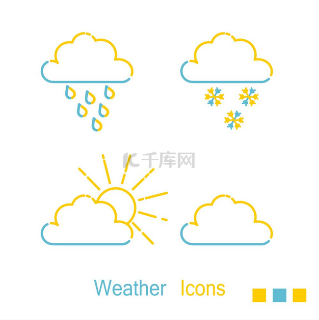 带有太阳、雨和雪的线性风格的彩