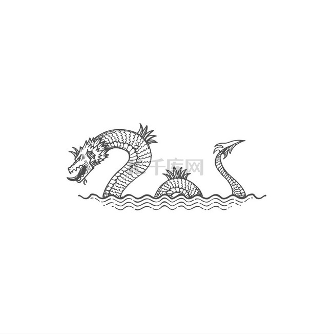 海蛇龙八股川孤立的水兽素描图标