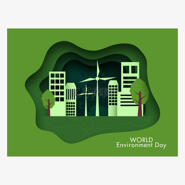 「世界环境日」概念绿纸图层与树