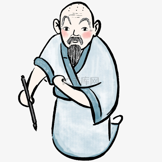 僧侣老和尚写字中国风水墨手绘
