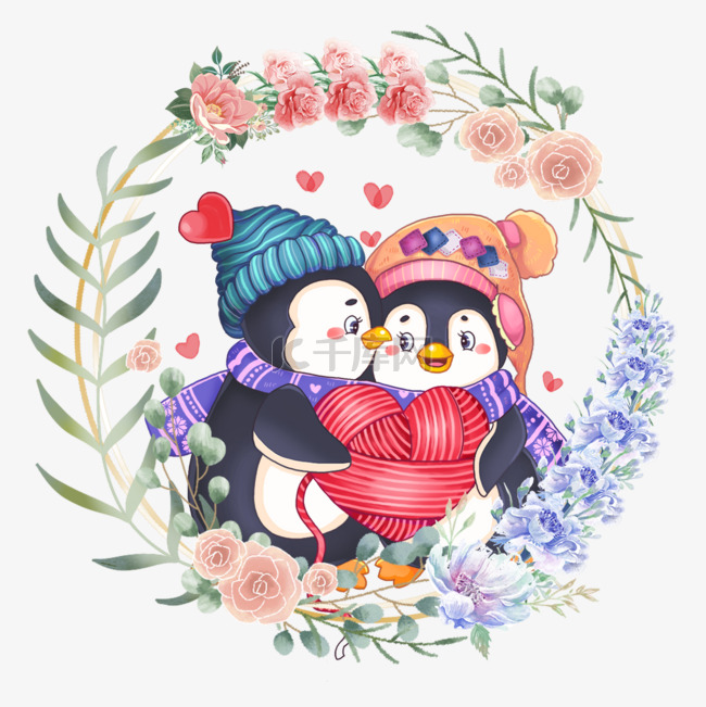 戴围巾和帽子的企鹅可爱动物情侣