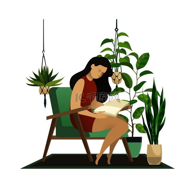 城市丛林女人在家里阅读和编织女