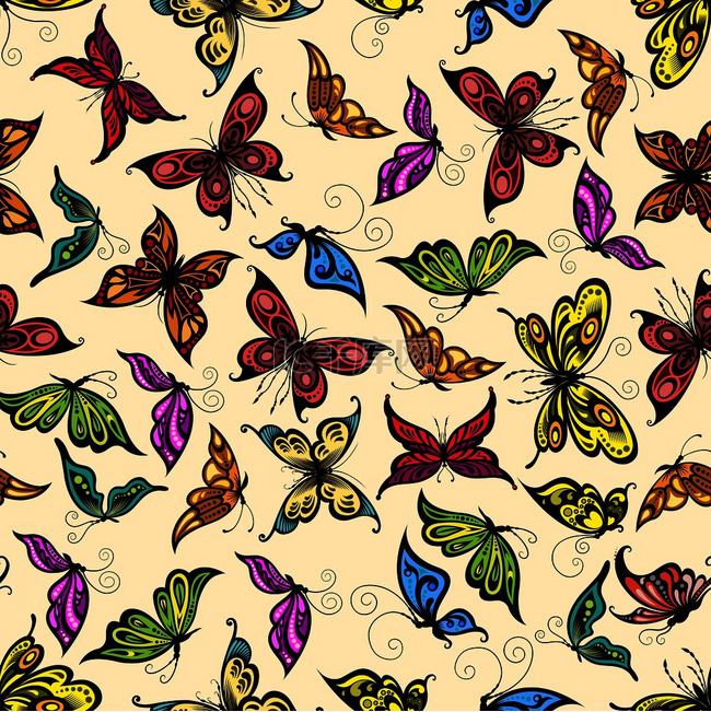 热带蝴蝶无缝图案与飞翔的夏季昆