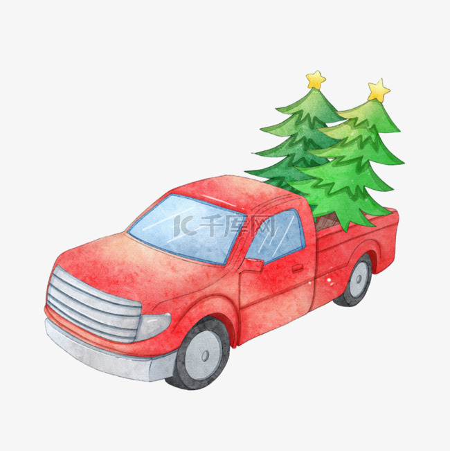 圣诞节汽车和松树水彩