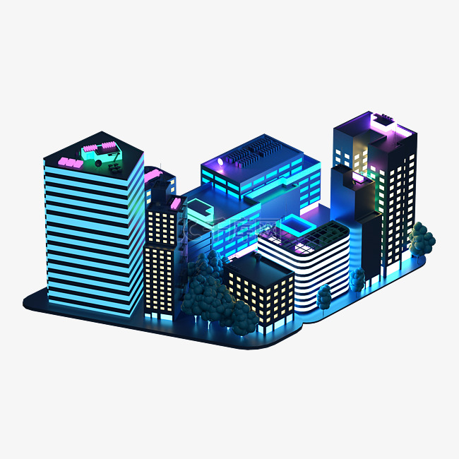 C4D霓虹夜景城市建筑3D