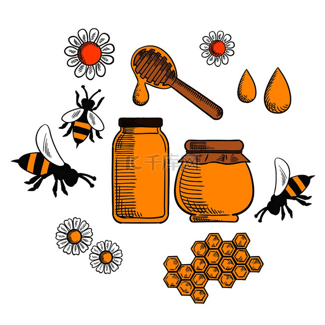 养蜂业和农场蜂蜜用鲜花和蜜蜂、