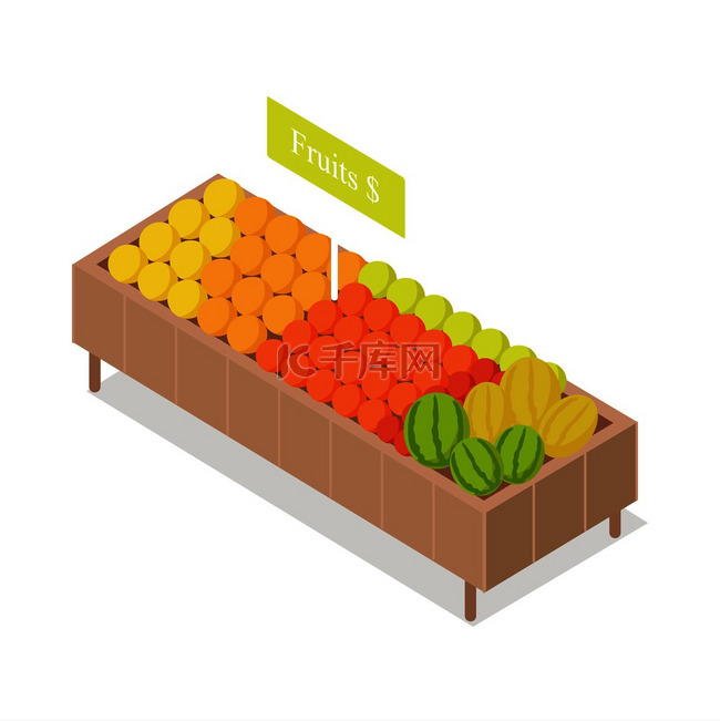 商店里的水果展示等距矢量图。