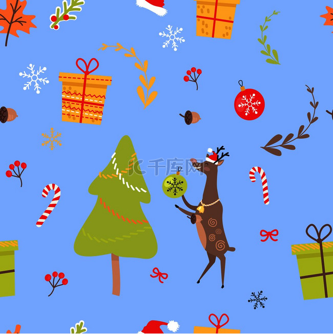 无缝图案与驯鹿、圣诞装饰糖果、