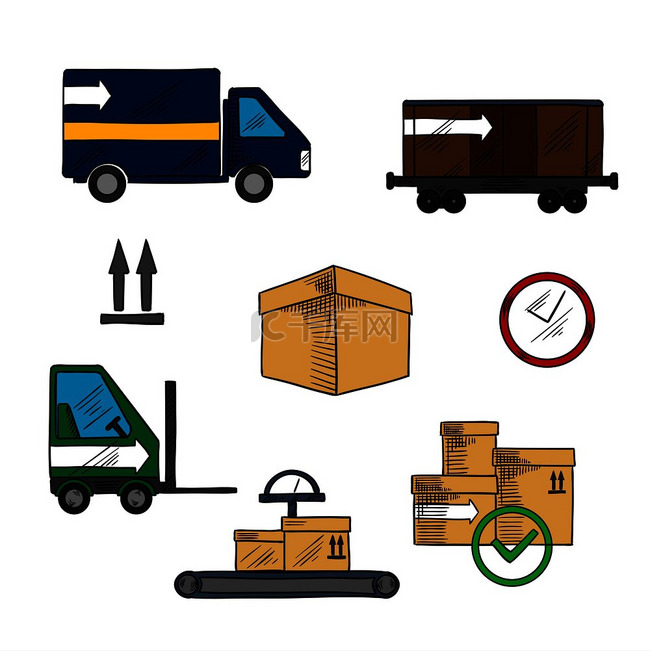 交付、运输和物流图标，包括集装