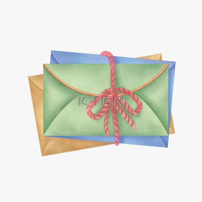 水彩绿色信封与蝴蝶结