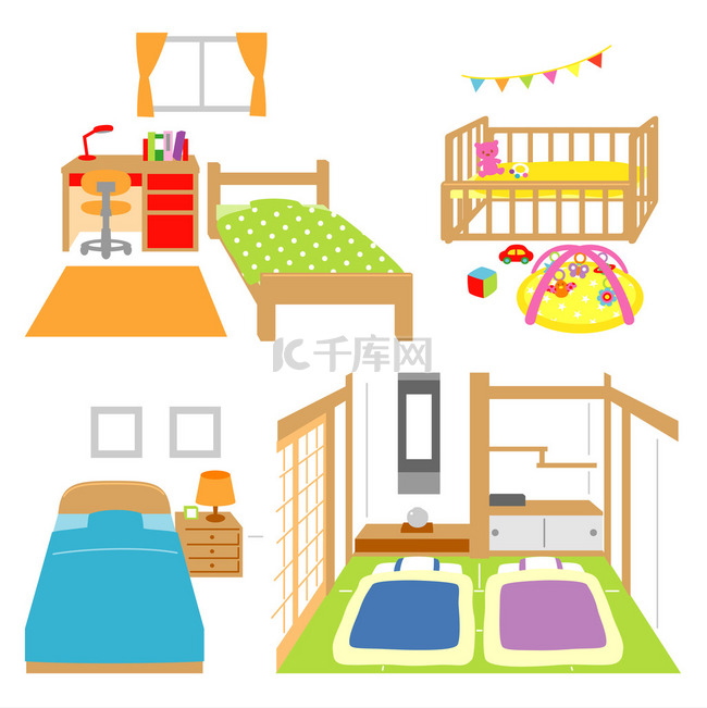 卧室，孩子的房间，婴儿床，风格