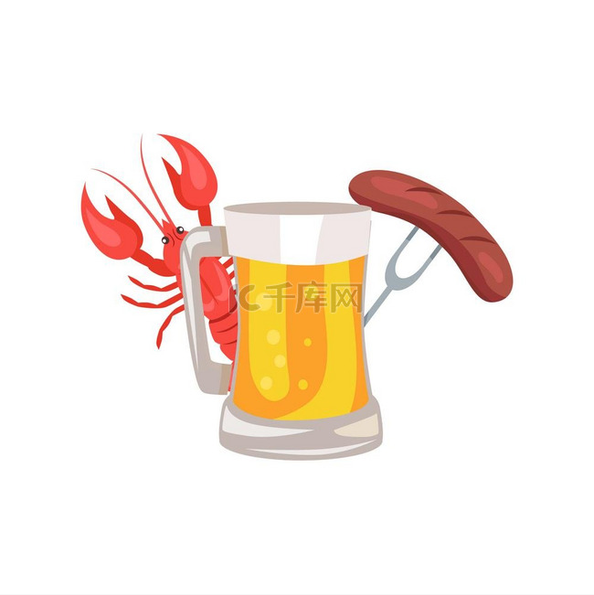 啤酒、香肠和小龙虾的矢量插图。
