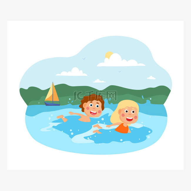 两个快乐的小孩在海里游泳