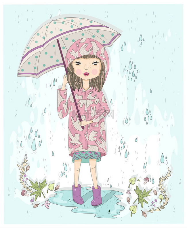 可爱的小女孩控股伞。与雨秋背景