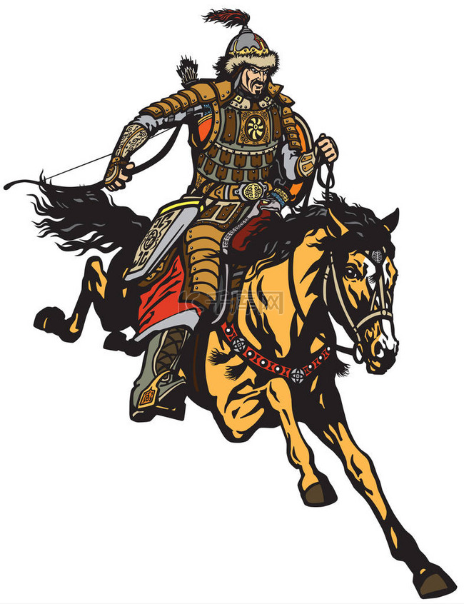 蒙古弓箭手骑着马骑马在马背上驰