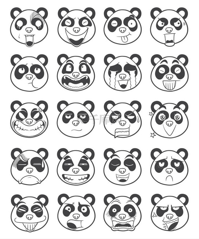 一套熊猫脸表情轮廓插图载体