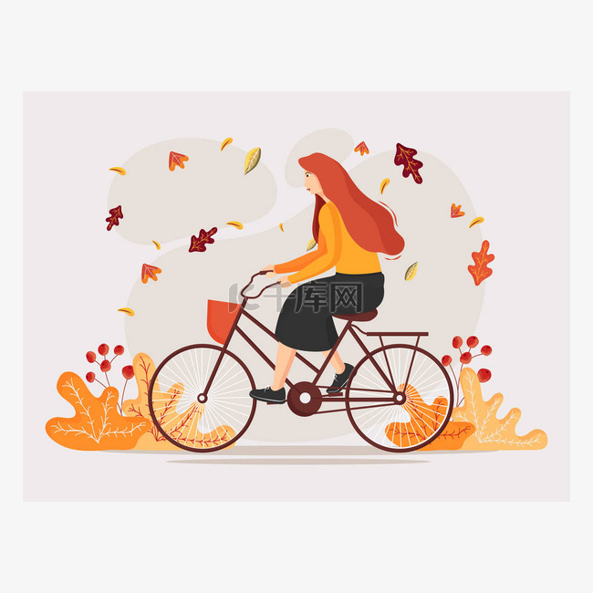 在森林背景上骑自行车的妇女的卡