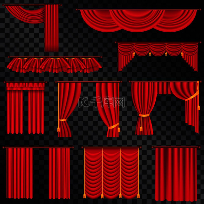 黑色透明背景上剧院舞台收藏的红