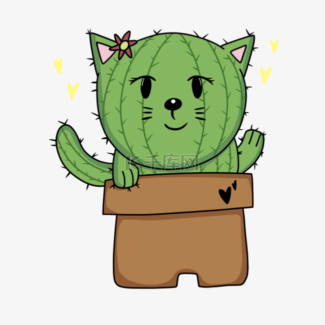 绿色仙人掌圆脸卡通猫