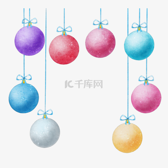 水彩圣诞蓝丝带彩色装饰球
