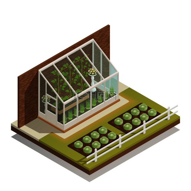 传统的倾斜玻璃温室与年轻植物等