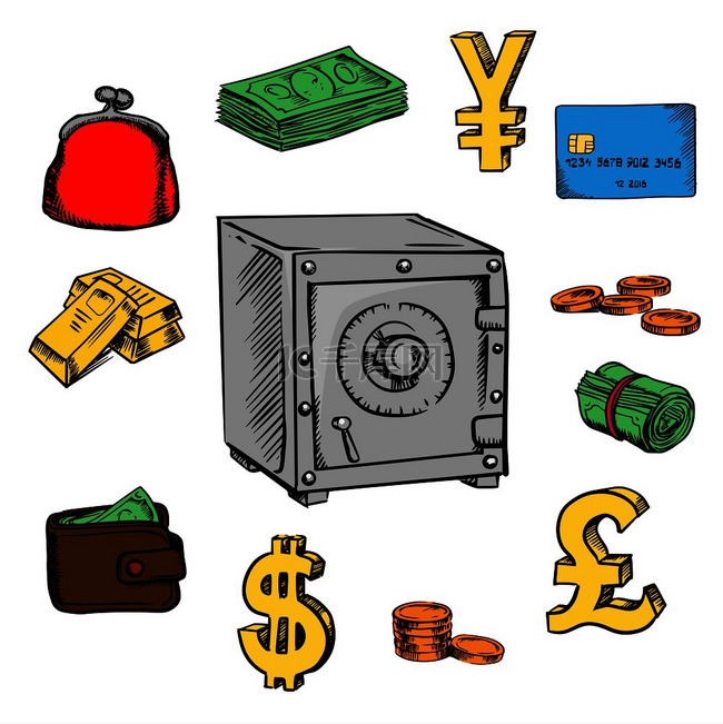 金融、商业和银行素描图标与美元