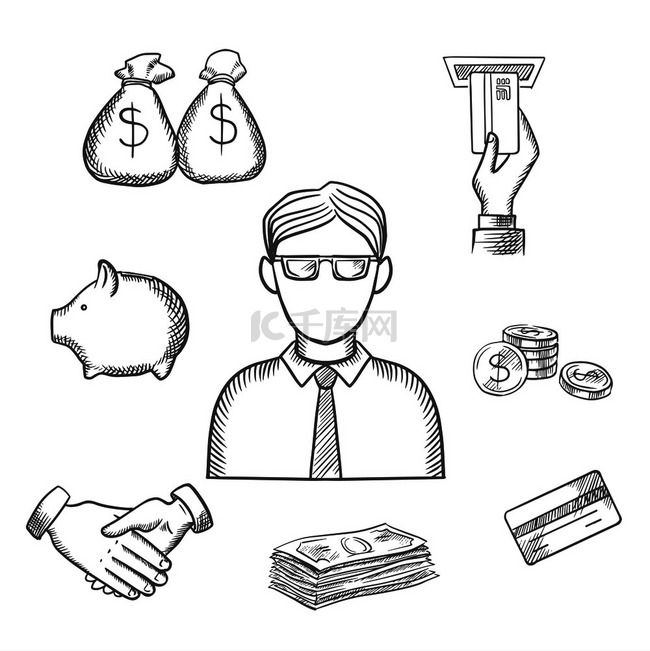 银行家职业素描设计与商人和金融