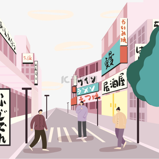 粉色现代日本街建筑