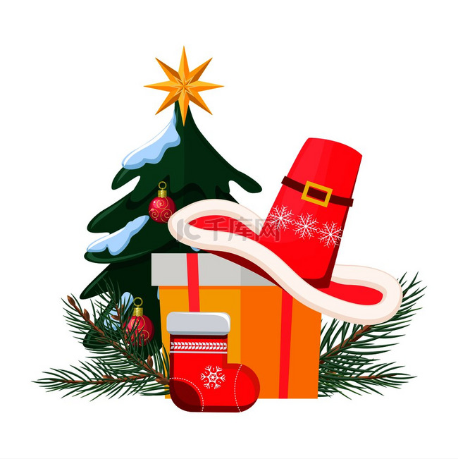 圣诞老人的帽子躺在黄色的礼物蝴