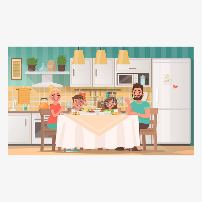 快乐的家庭在厨房吃饭。父亲、母