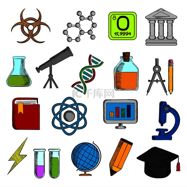 科学和教育图标，包括大学和书籍