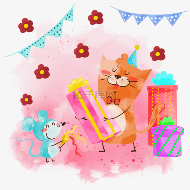 水彩卡通猫和老鼠动物过生日