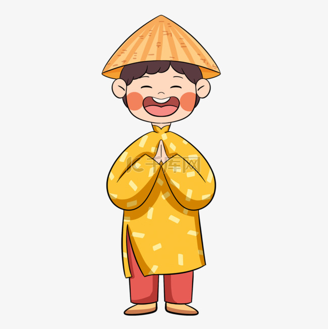 越南春节大笑的黄衣男孩