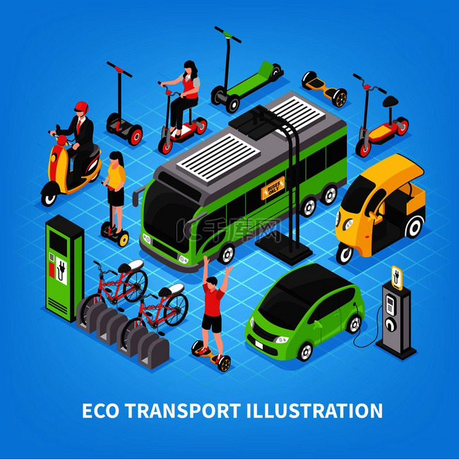 生态交通等距矢量插图与城市公交