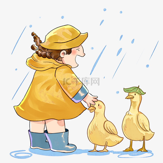 雨天小女孩和小黄鸭