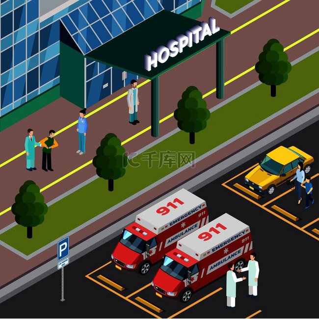 医疗设备等距组合与医院入口和停