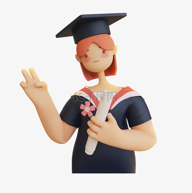 拿着毕业证书比耶的3D学生