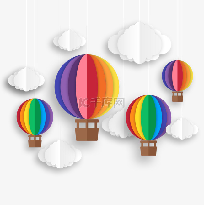 雪白云朵旁的彩虹剪纸热气球