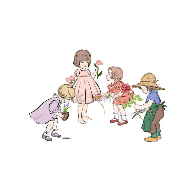  男孩和女孩的玫瑰和薰衣草花。