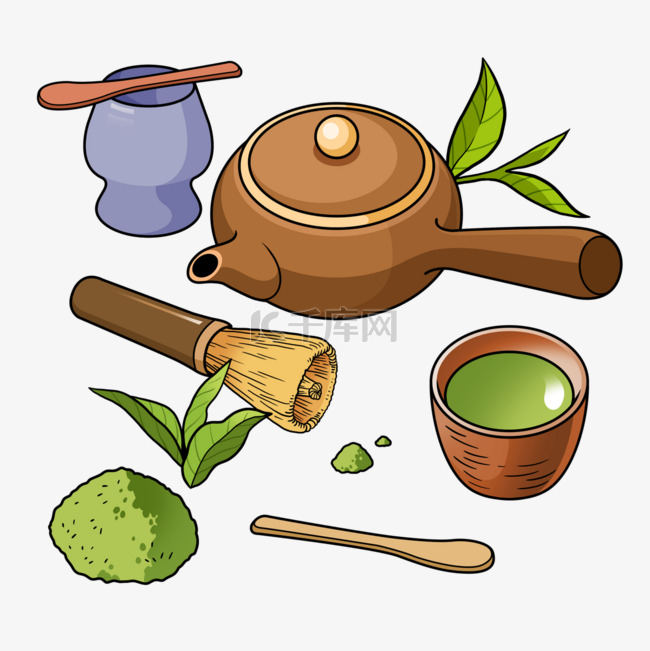 抹茶茶具制作插画风格棕色