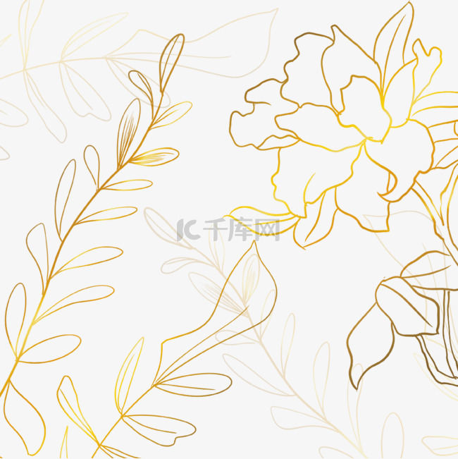 金色花朵和枝叶水彩金边花卉