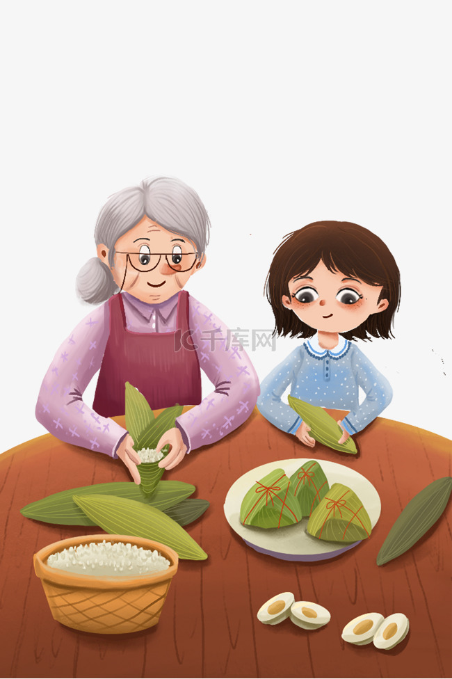端午节奶奶和女孩在家包粽子