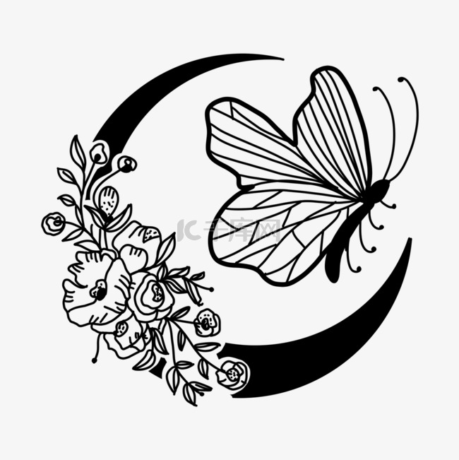 侧面黑白蝴蝶月亮花卉剪影画