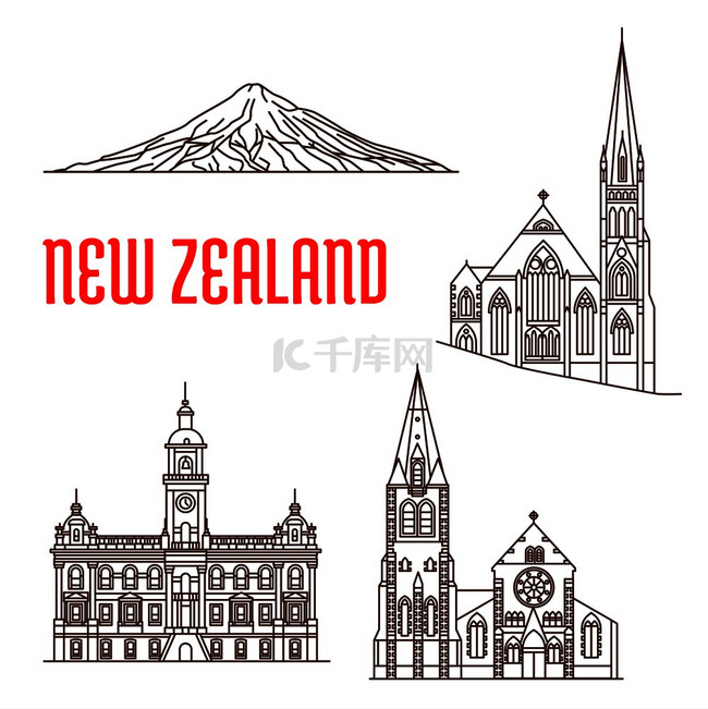 新西兰线性图标的旅游地标，包括
